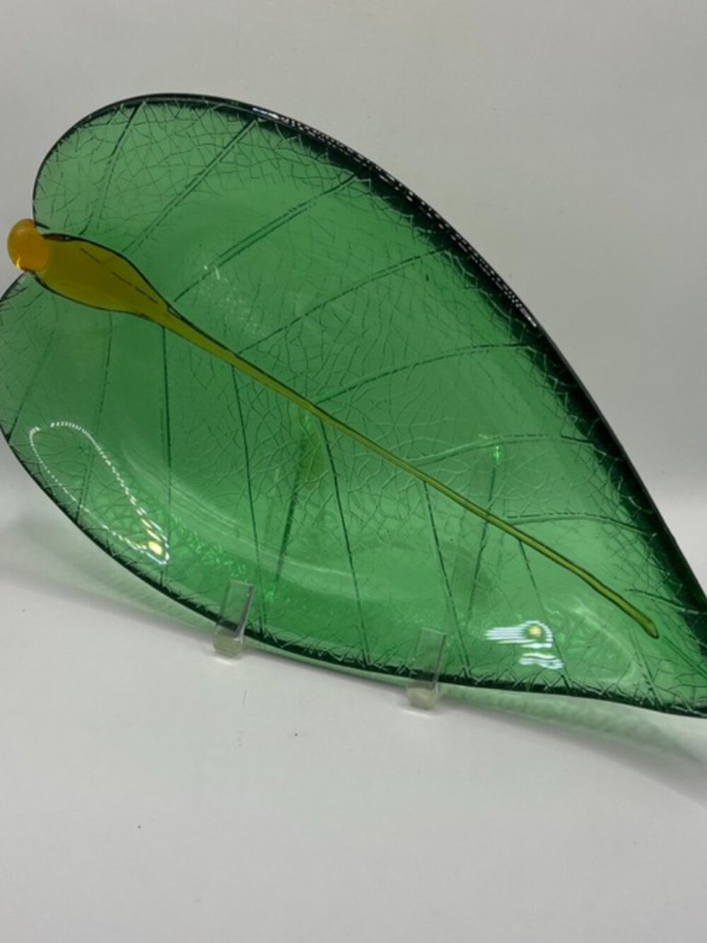 Glass Leaf Plate Dynasty Gallery Fused Emerald Green Amber Platter Viening 14X7”